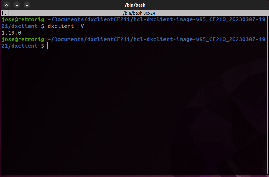 screen shot of dxclient command